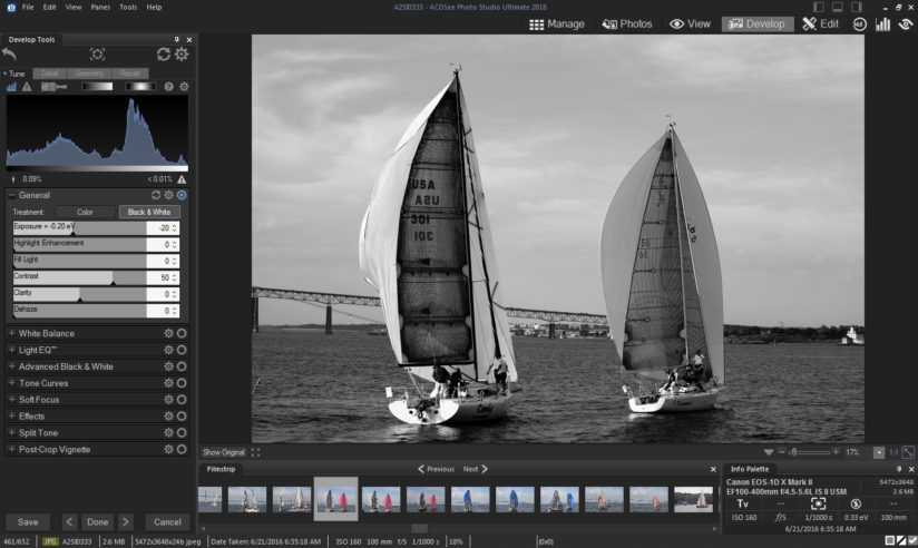 Photo Studio Ultimate Develop mode, Tune pane Black & White adjustments