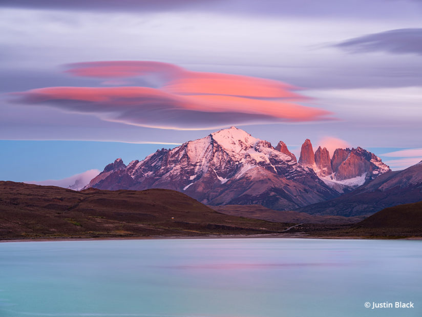 Lenticular clouds catching alpenglow and moonlight over the Paine Massif, Fujifilm GFX 50S