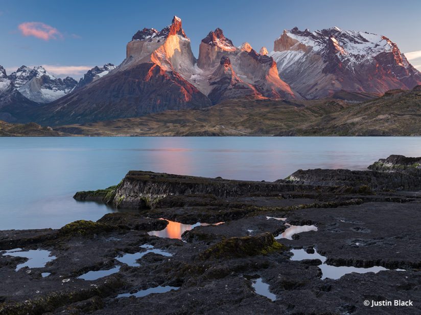 Morning light on the Cuernos del Paine over Lago Pehoe, taken with the Fujifilm GFX 50S