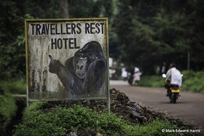 Gorilla trekking, hotel sign