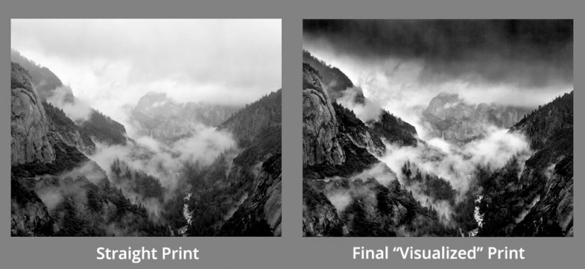 A straight print of the original negative (left) versus the final “visualized” print (right) after increasing contrast and darkening the sky.