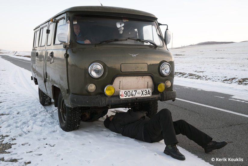 Repairing a van in Mongolia