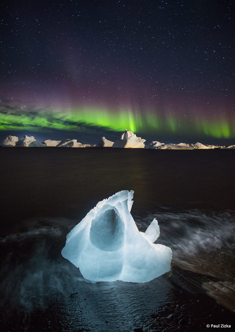 Cold weather photo tips, iceberg under the aurora borealis