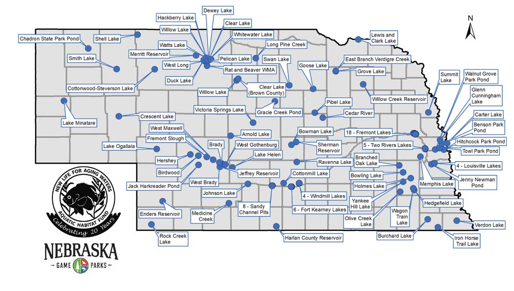 The locations of Nebraska waterbodies that have benefitted from Aquatic Habitat and Angler Access projects are statewide. 