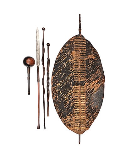 Examples of a Zulu spear, clubs, and shield.