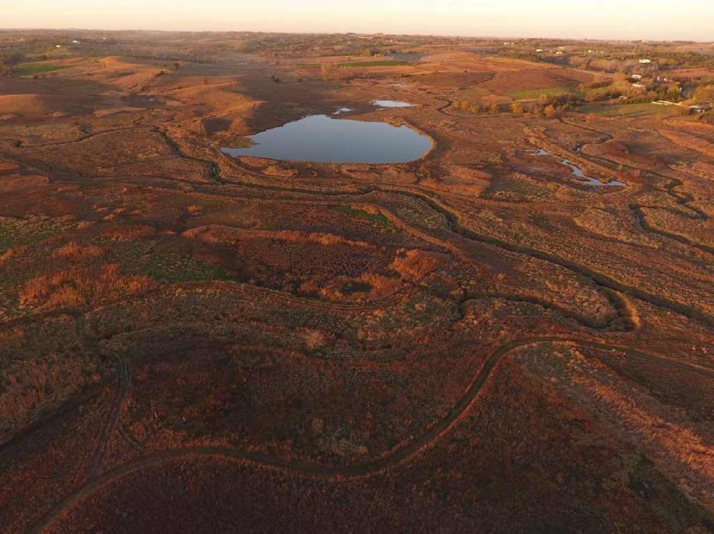 An aerial view containing Little Salt Fork Marsh Preserve, and portions of Little Salt Springs and Little Salt Creek West Wildlife Management Area, shows off these connected conservation lands at the peak of fall color. The long-term integrity of our remnant saline wetlands and tallgrass prairies is dependent on scale, connecting these lands together.