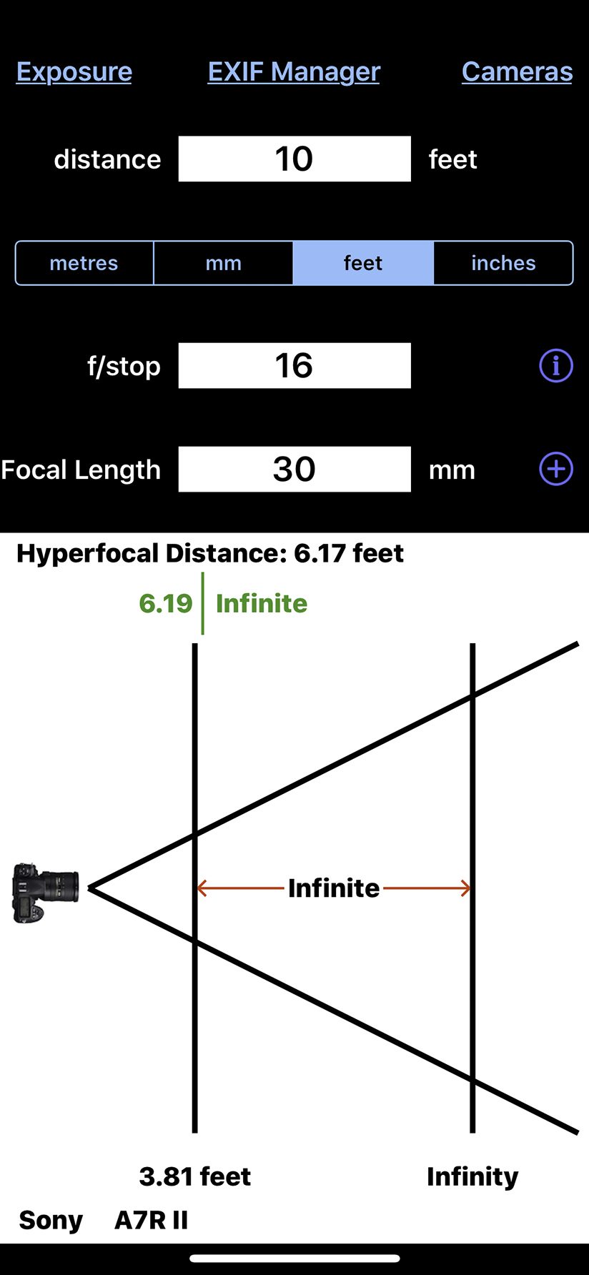 Apps like Focal can help determine settings for hyperfocal focusing