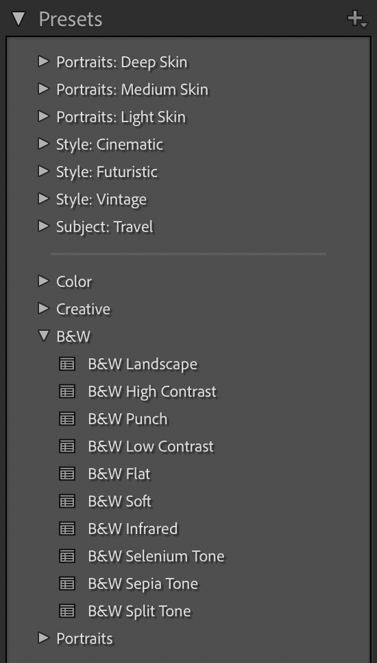 Black-and-white presets in Lightroom